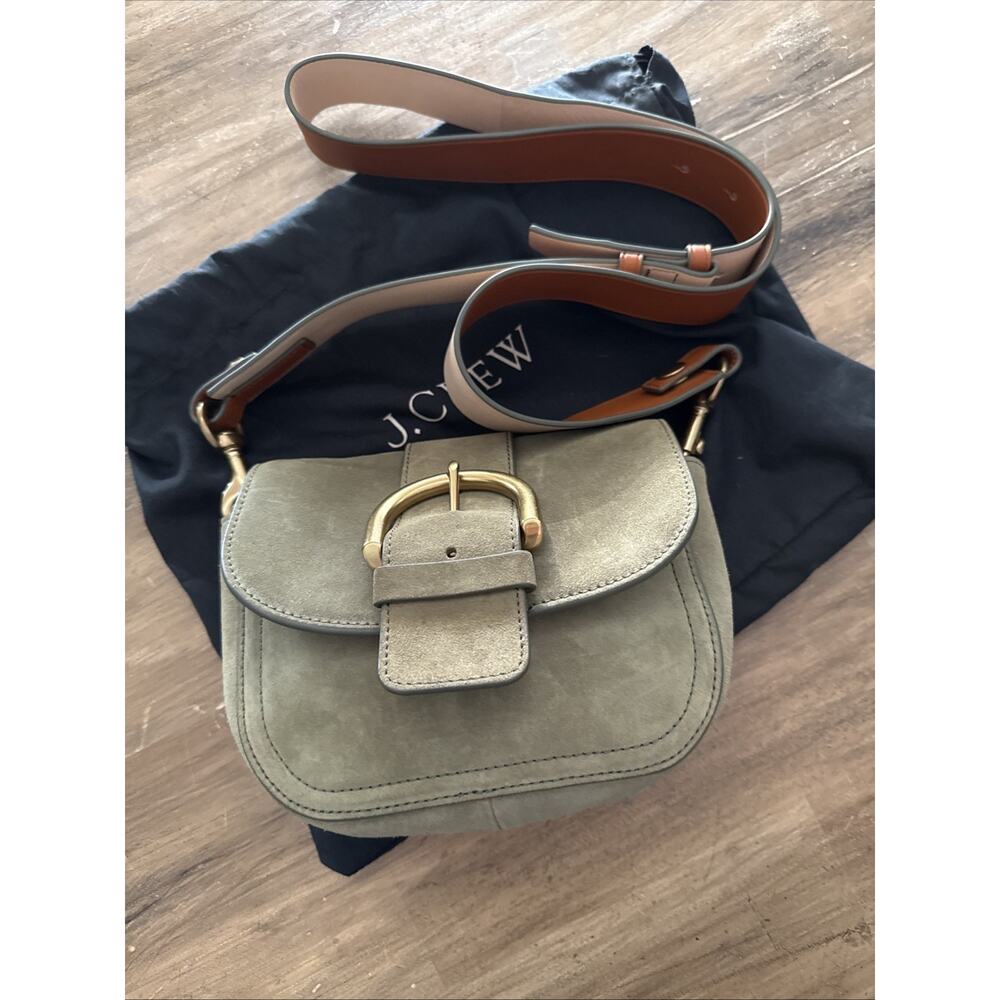 J.Crew Italian Suede Green Crossbody Bag Flap Magnetic Gold Buckle Brown Strap - Picture 7 of 7